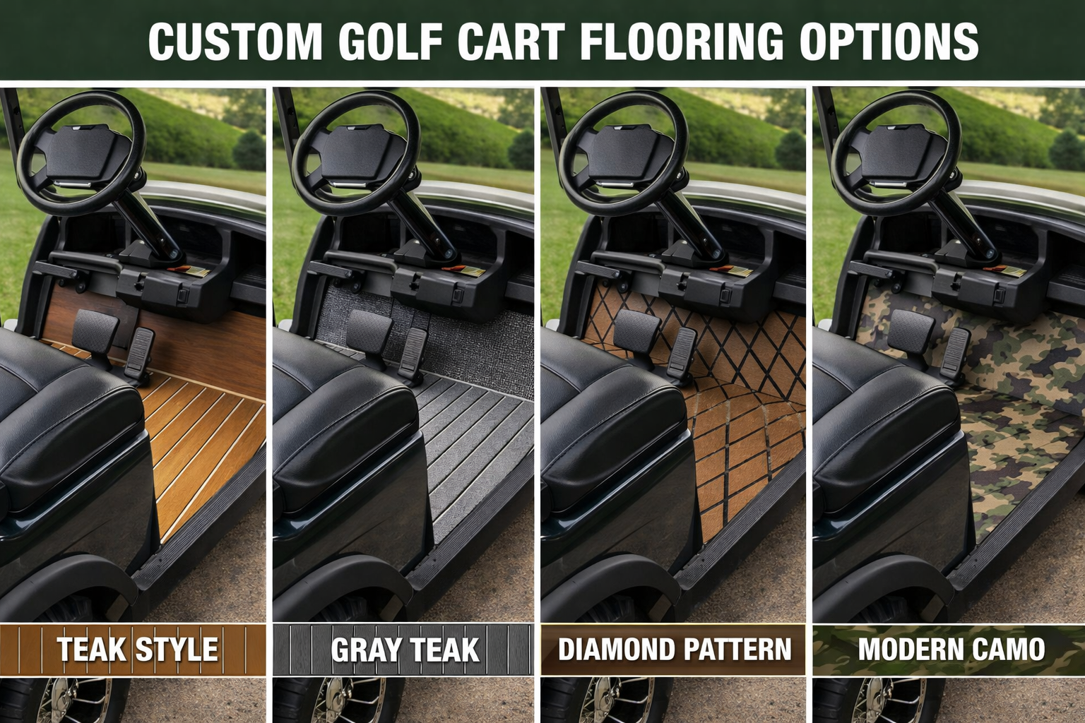 Golf cart flooring materials - teak, gray teak, diamond, camo
